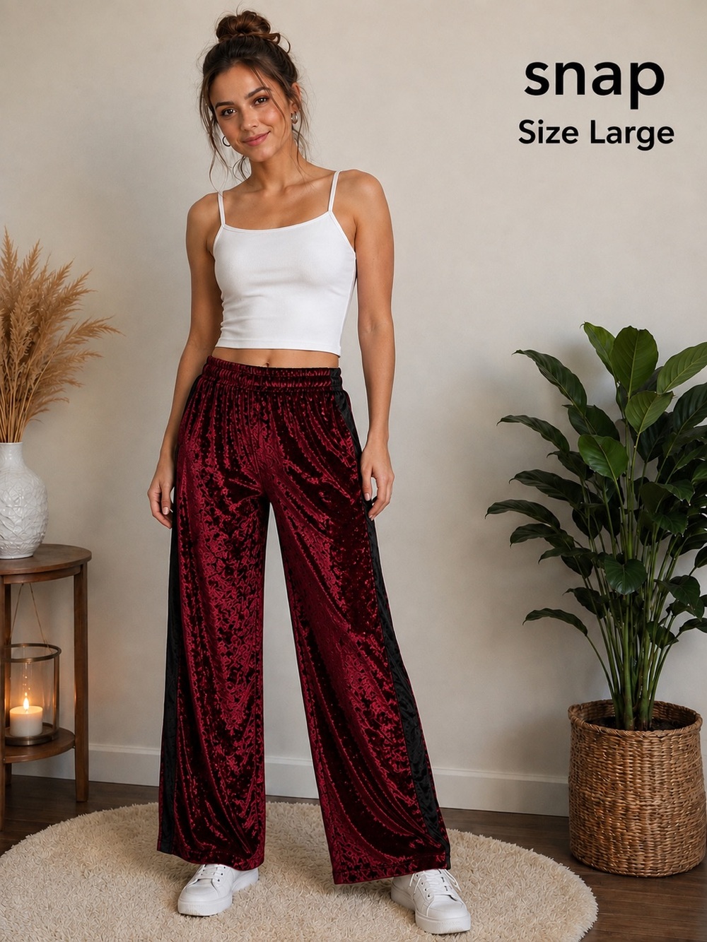 Snap Size Large Burgundy Crushed Velvet Wide Leg Pants Black Side Stripe Y2K